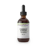A brown glass dropper bottle labeled "Energy Boost Tincture - 100/200/300ml" designed to provide energy boost and liver support.
