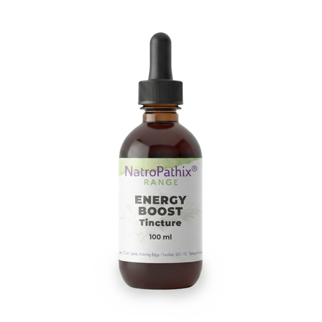 A brown glass dropper bottle labeled "Energy Boost Tincture - 100/200/300ml" designed to provide energy boost and liver support.