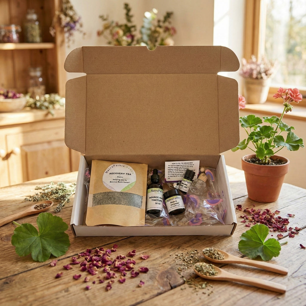 The Bounce Back Kit – Get Well Faster! features recovery tea, dried herbs, and small jars, beautifully presented for a natural immune system boost.