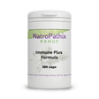 White bottle labeled "Immune Plus - 100 Capsules" with a green and purple logo, formulated to support your immune system and overall well-being.