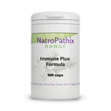 White bottle labeled "Immune Plus - 100 Capsules" with a green and purple logo, formulated to support your immune system and overall well-being.