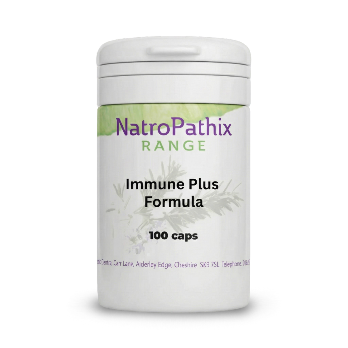 White bottle labeled "Immune Plus - 100 Capsules" with a green and purple logo, formulated to support your immune system and overall well-being.