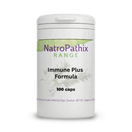 White bottle labeled "Immune Plus - 100 Capsules" with a green and purple logo, formulated to support your immune system and overall well-being.
