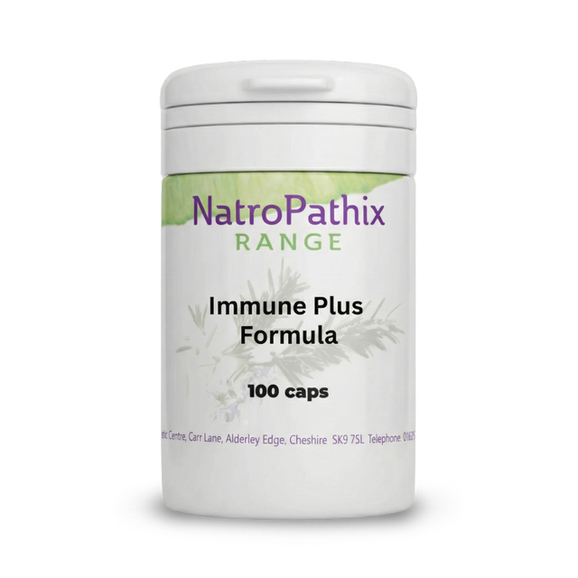 White bottle labeled "Immune Plus - 100 Capsules" with a green and purple logo, formulated to support your immune system and overall well-being.