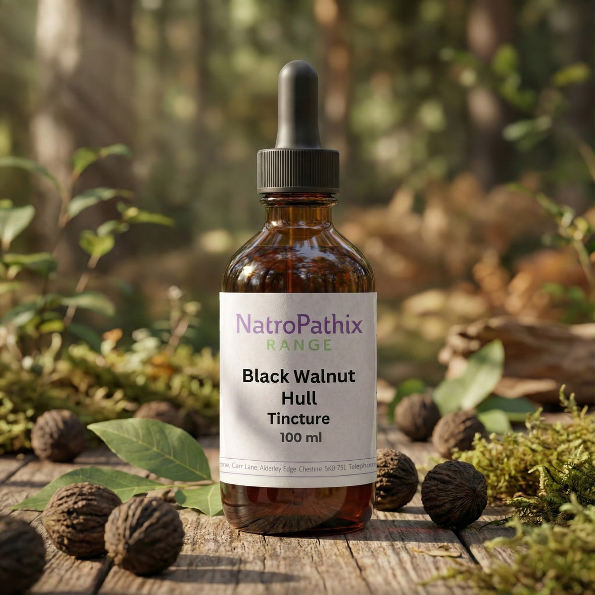 A brown glass dropper bottle labeled "Black Walnut tincture - 100ml" sits among walnuts and moss in the forest, highlighting its natural origins and common use in parasite cleanse routines.