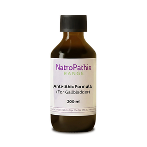 A brown bottle labeled "Gallbladder Antilithic Tincture - 200ml" on a white background, formulated to support the gallbladder and promote healthy bile flow.