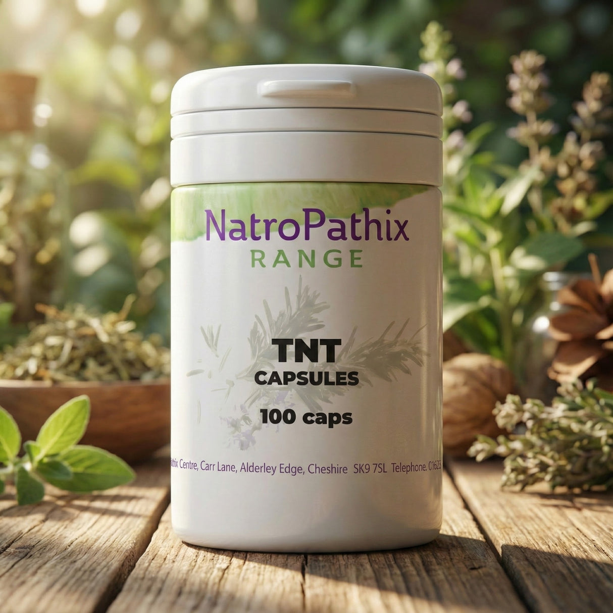 A bottle of TNT - Co-Ton's Big Brother sits on a wooden surface with herbs in the background, supporting healthy bowel movement.