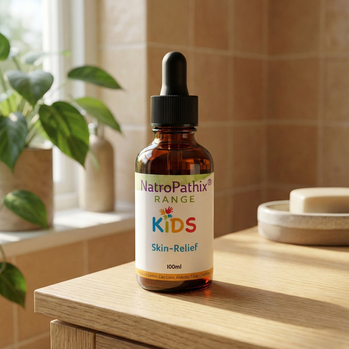 Kids Skin Relief tincture on wooden surface