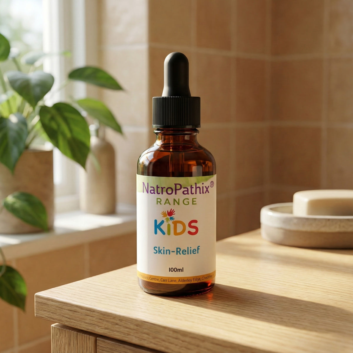 Kids Skin Relief tincture on wooden surface