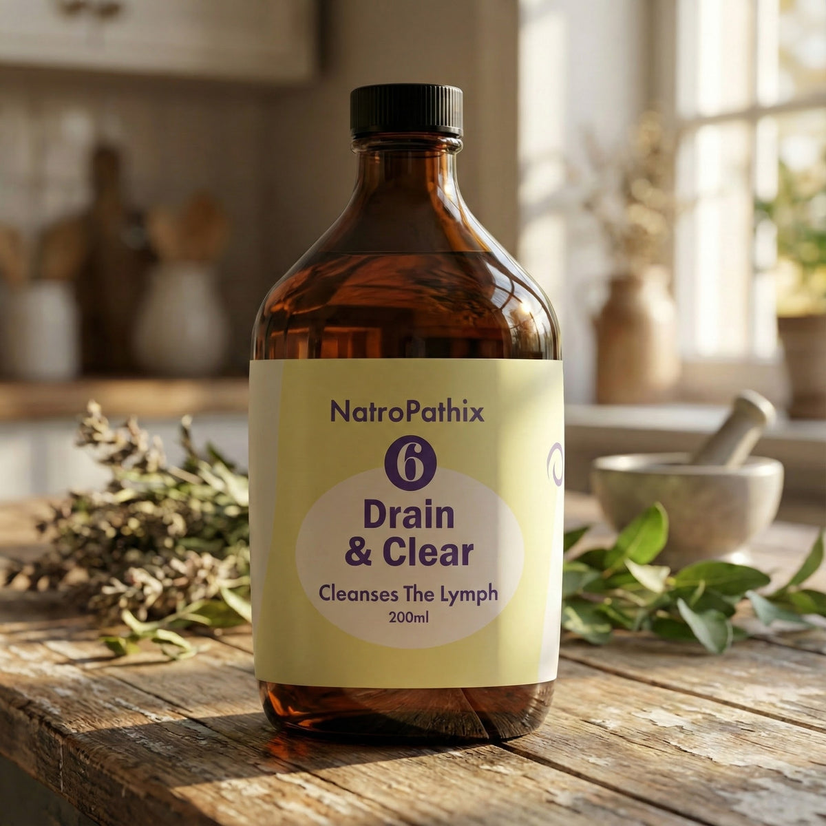 A 200ml bottle of Drain & Clear Formula rests on a kitchen counter beside fresh herbs, hinting at a natural choice for herbal detox and lymphatic system cleansing.