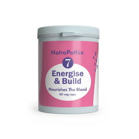 White container of Energise & Build - 60 caps, nourishes blood, supports healthy circulation and energy—plain background.