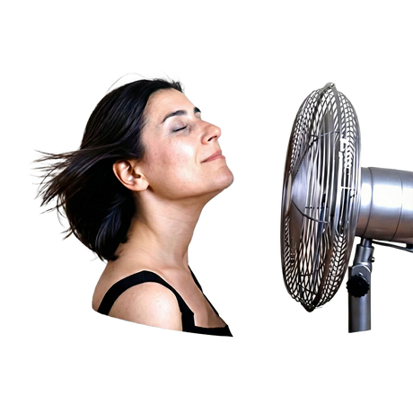 A woman with closed eyes enjoys the soothing breeze of a fan, capturing calmness—highlighting the comfort and relief that Hot Flushes and Anxiety Combination brings for hormonal balance in daily life.