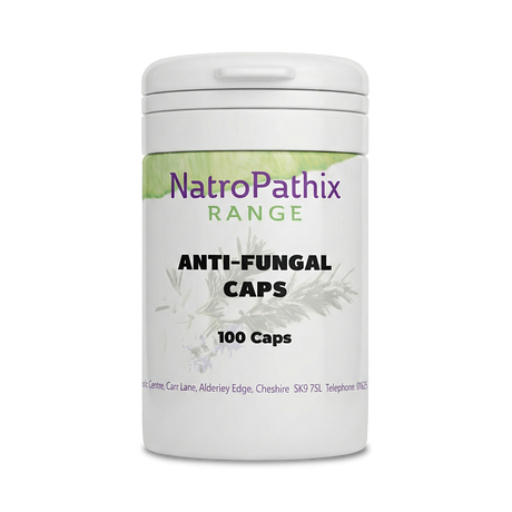 White bottle labeled "Anti-Fungal Compound - 100 Caps," formulated to support the body’s fight against yeast and candida overgrowth, shown on a plain white background.