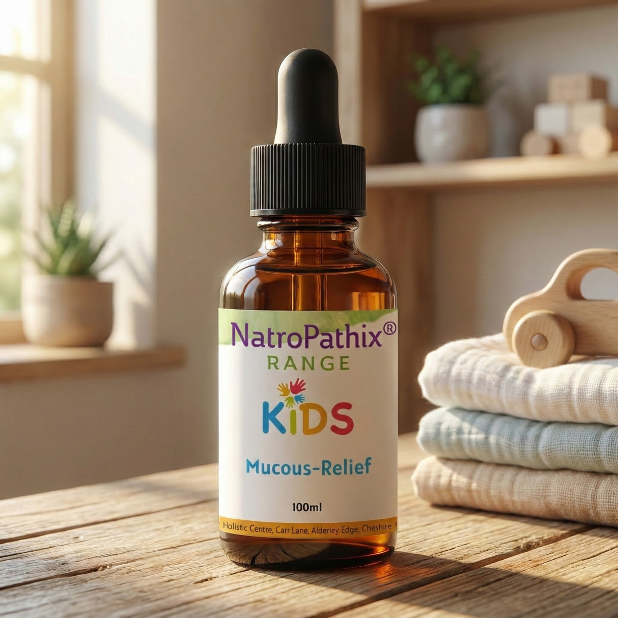 Kids Mucous Relief 100ml Tincture on wooden table