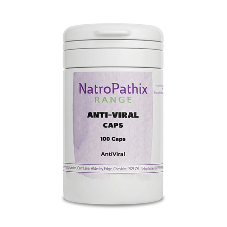A white bottle labeled "Anti-Viral Herbs - 150 Capsules" supports your immune system with a targeted anti-viral blend.