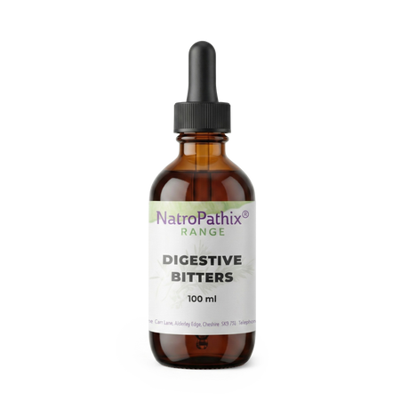 A 100ml bottle of Digestive Bitters sits on a plain background—a perfect natural tonic with dropper, ideal for anyone seeking relief from chronic indigestion.