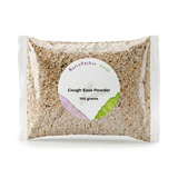 A clear plastic packet labeled "Cough-Ease Powder - 100g" contains light brown granules, a herbal remedy known for effectively relieving dry cough.