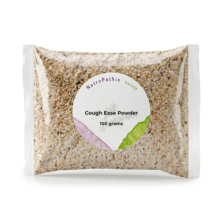 A clear plastic packet labeled "Cough-Ease Powder - 100g" contains light brown granules, a herbal remedy known for effectively relieving dry cough.