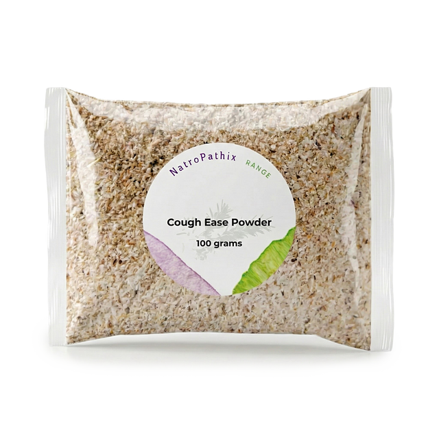 A clear plastic packet labeled "Cough-Ease Powder - 100g" contains light brown granules, a herbal remedy known for effectively relieving dry cough.