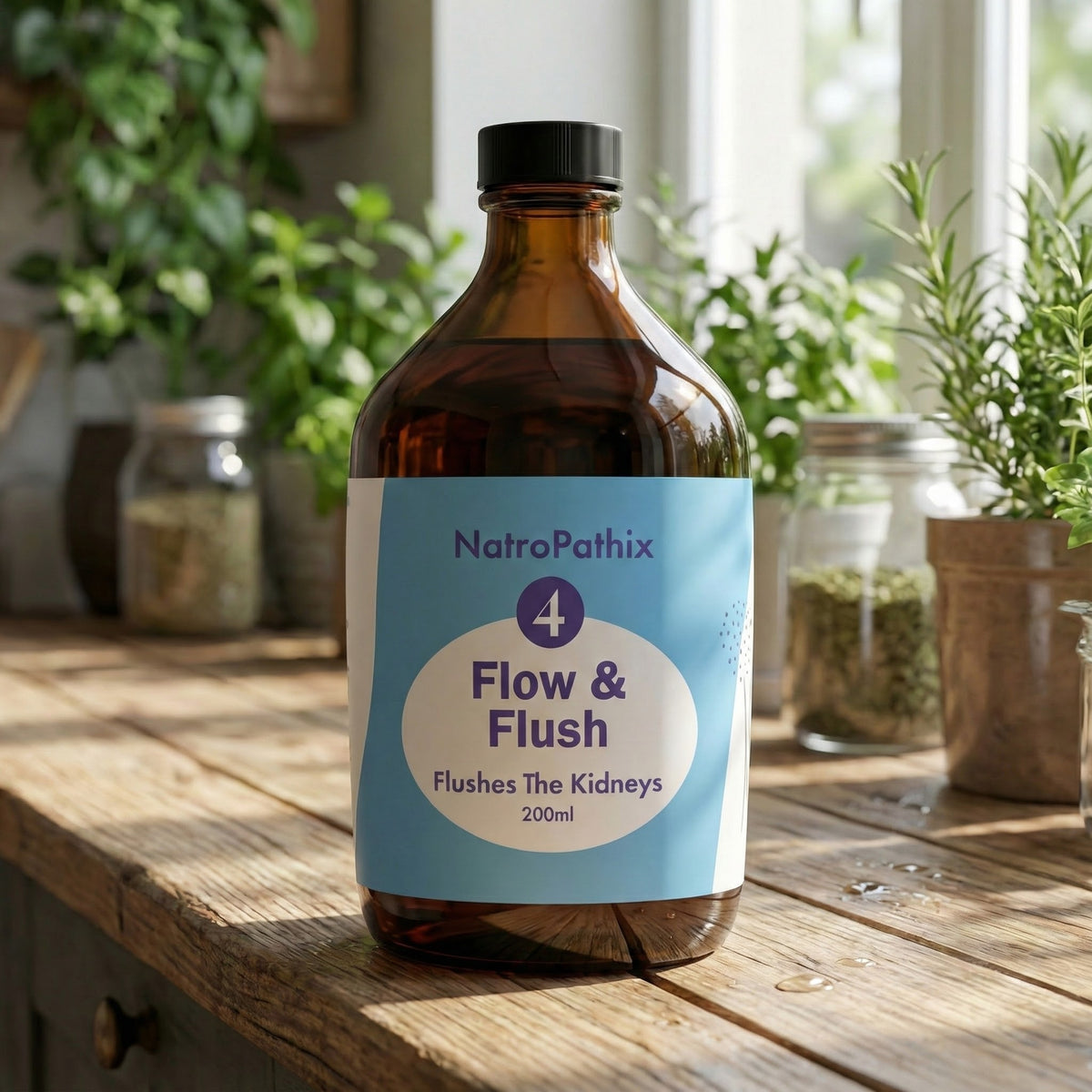 A 200ml brown bottle labeled "Flow & Flush Formula" for kidney cleanse and urinary health rests on a wooden counter, surrounded by plants and jars.