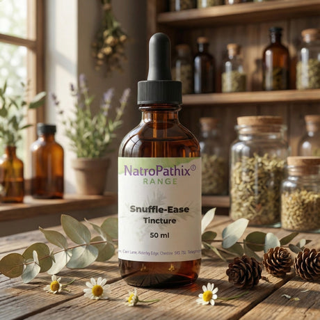 A 50ml brown dropper bottle labeled "Snuffle-Ease Tincture - 50ml" sits on a wooden table amid herbs and apothecary jars—formulated to support your immune system naturally.