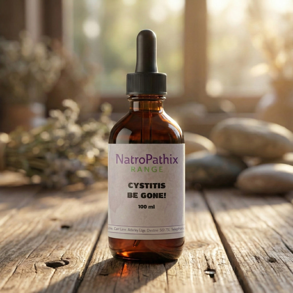 A brown 100ml dropper bottle labeled "Cystitis-Be-Gone" sits on a wooden table in sunlight, offering cystitis relief with its antibacterial tincture formula.
