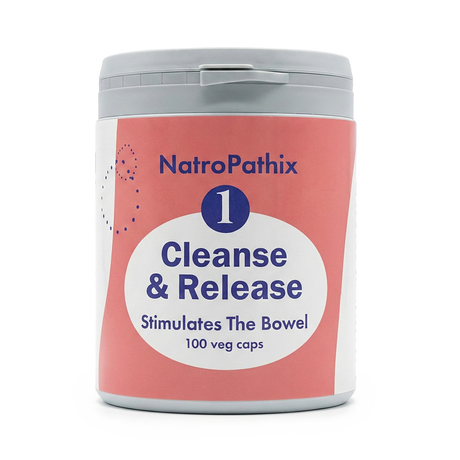A bottle of Cleanse & Release - 100 caps, an herbal formula designed for bowel cleansing and bloating relief, containing 100 vegetarian capsules.