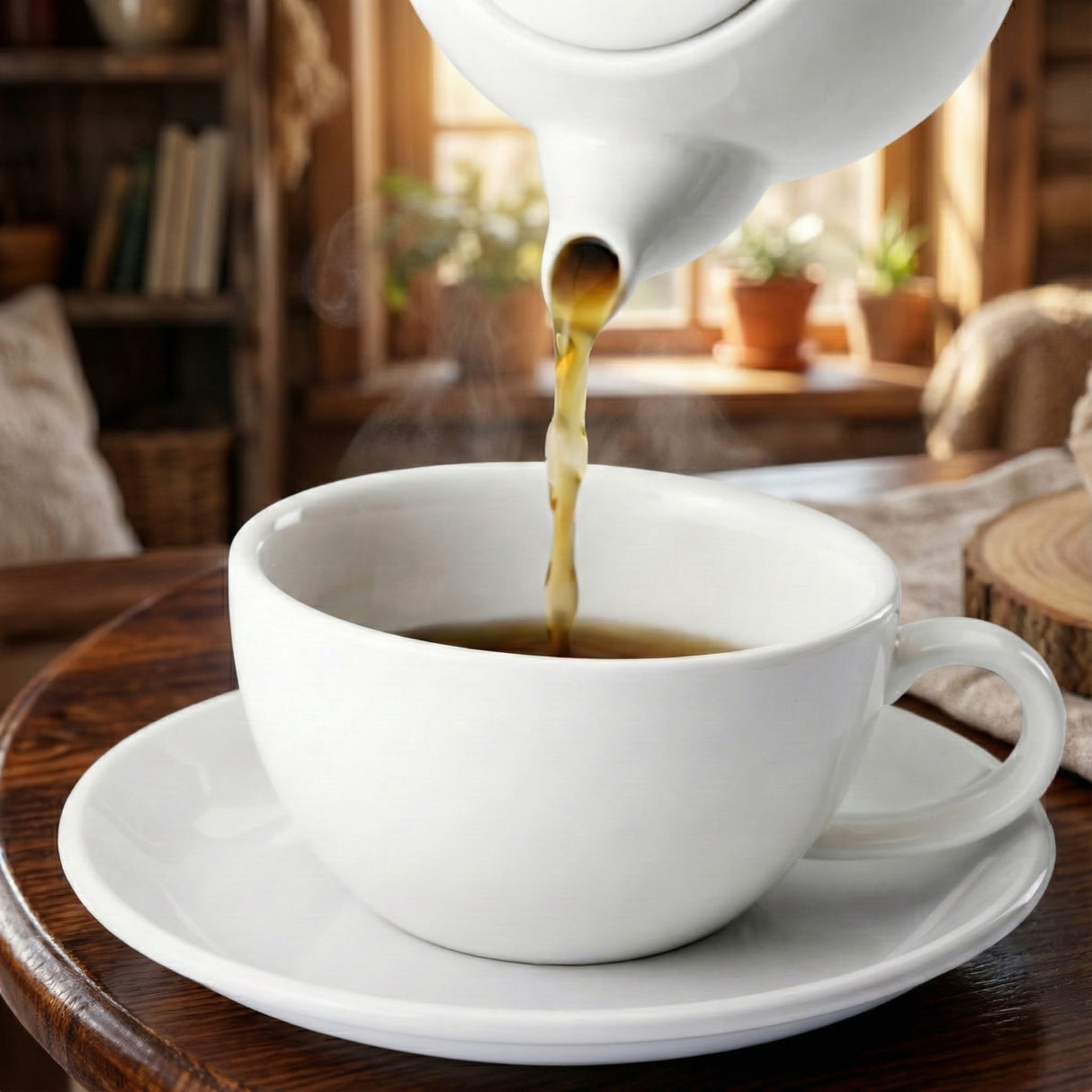 Hayfever Tea - 100gms being poured into a white cup and saucer on a wooden table in a cozy room, perfect for soothing moments of hayfever relief.