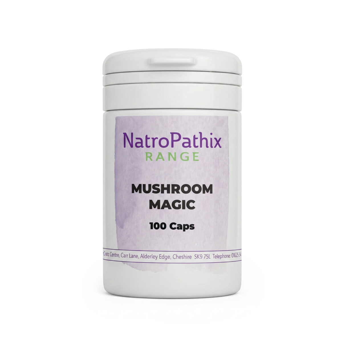 White bottle labeled "Mushroom Magic - 100 Medicinal caps" with a light purple label on a plain background, formulated with medicinal mushrooms for immune support.