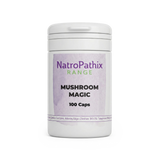 White bottle labeled "Mushroom Magic - 100 Medicinal caps" with a light purple label on a plain background, formulated with medicinal mushrooms for immune support.