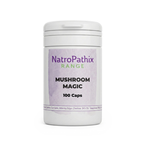 White bottle labeled "Mushroom Magic - 100 Medicinal caps" with a light purple label on a plain background, formulated with medicinal mushrooms for immune support.