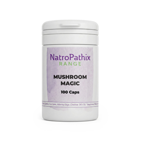 White bottle labeled "Mushroom Magic - 100 Medicinal caps" with a light purple label on a plain background, formulated with medicinal mushrooms for immune support.