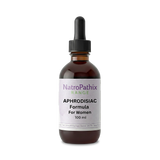 A brown glass dropper bottle labeled "Aphrodisiac Formula for Women - 100ml," a herbal tincture and libido booster, is shown against a white background.