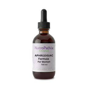 A brown glass dropper bottle labeled "Aphrodisiac Formula for Women - 100ml," a herbal tincture and libido booster, is shown against a white background.