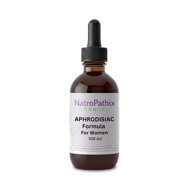 A brown glass dropper bottle labeled "Aphrodisiac Formula for Women - 100ml," a herbal tincture and libido booster, is shown against a white background.