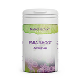 White bottle labeled "Para-shoot capsules" with purple capsules and green accents, designed as a potent herbal supplement for parasite cleanse.