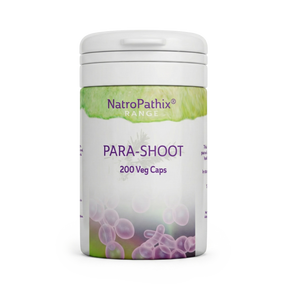 White bottle labeled "Para-shoot capsules" with purple capsules and green accents, designed as a potent herbal supplement for parasite cleanse.