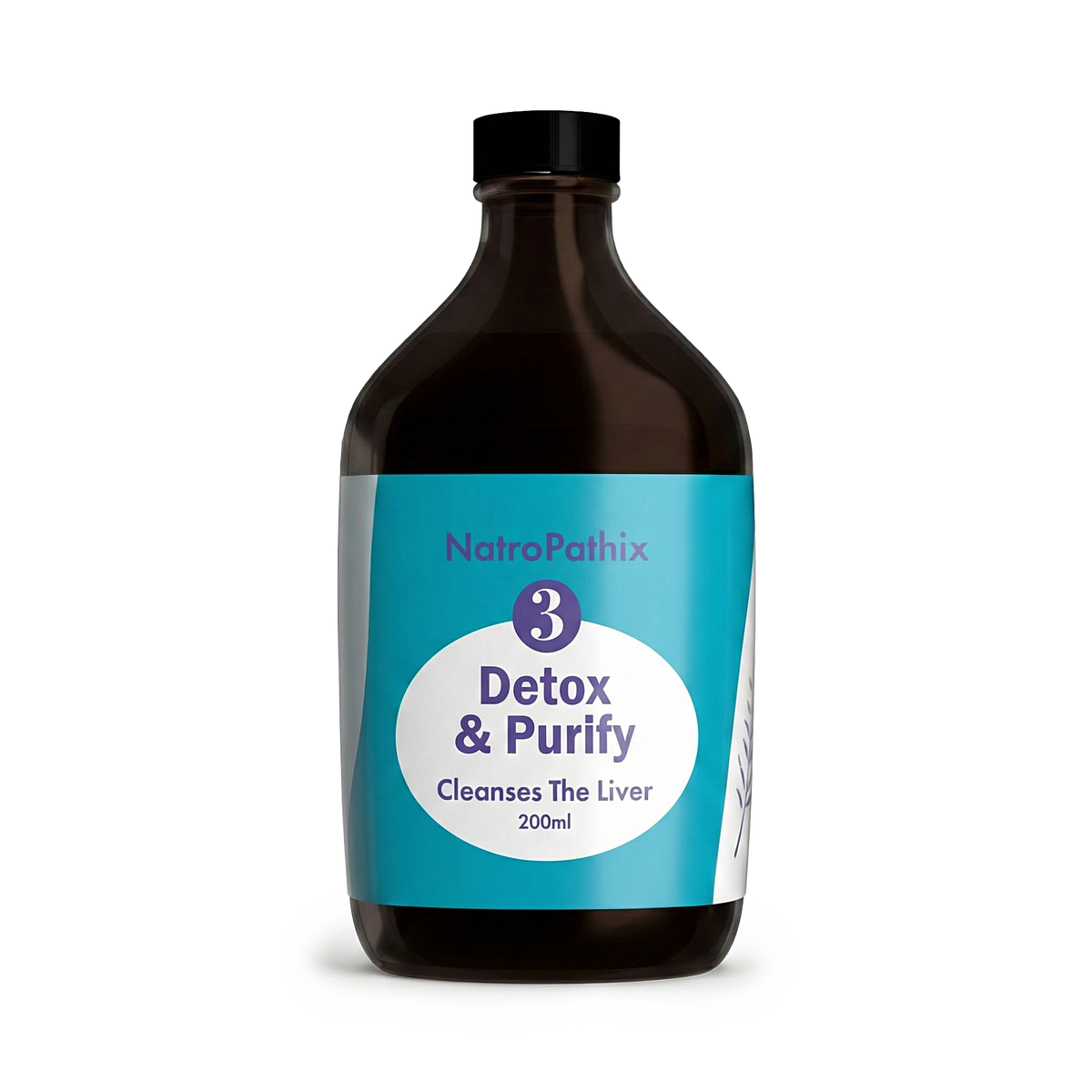 A brown bottle labeled "Detox & Purify Formula - 200ml" sits on a white background.