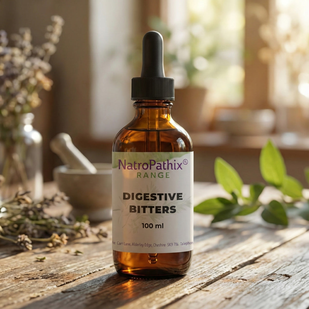 A brown glass bottle labeled "Digestive Bitters - 100ml" rests on a wooden table with herbs nearby, highlighting this classic bitter tonic as a natural remedy for chronic indigestion.
