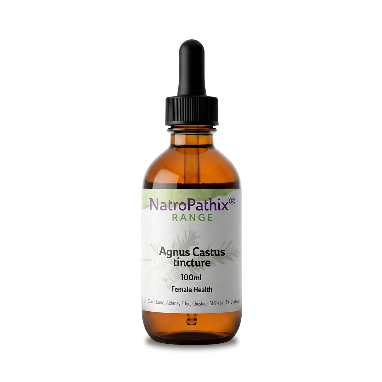 Amber glass dropper bottle of Agnus Castus tincture - 100ml by NatroPathix, designed to support female hormone balance and offer natural PMS relief.