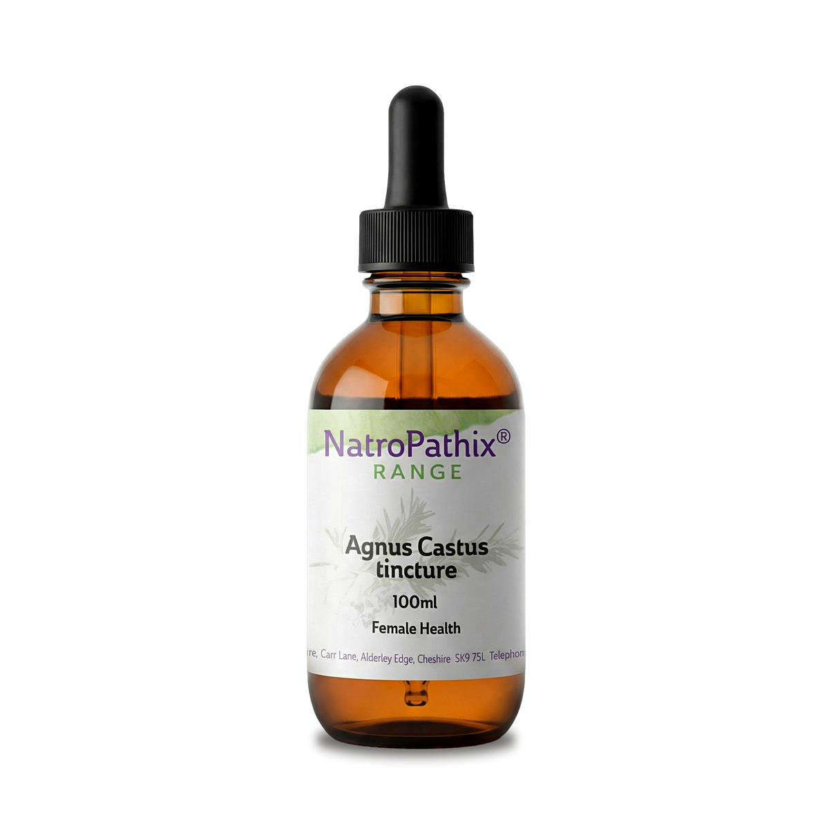 Amber glass dropper bottle of Agnus Castus tincture - 100ml by NatroPathix, designed to support female hormone balance and offer natural PMS relief.