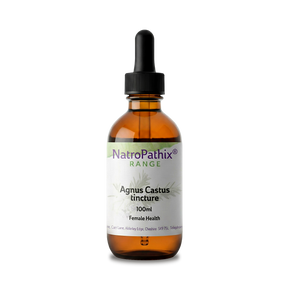 Amber glass dropper bottle of Agnus Castus tincture - 100ml by NatroPathix, designed to support female hormone balance and offer natural PMS relief.