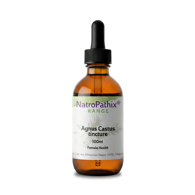 Amber glass dropper bottle of Agnus Castus tincture - 100ml by NatroPathix, designed to support female hormone balance and offer natural PMS relief.