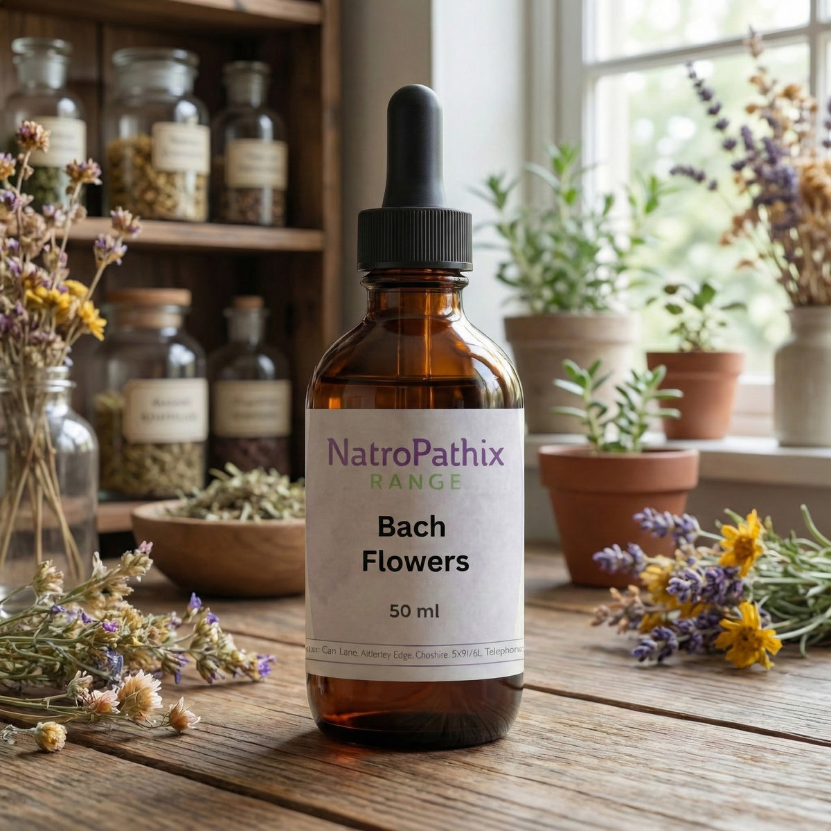 Amber bottle labeled "Bach Flowers - 50ml" placed on a wooden table with dried flowers and herbs in the background, offering a personalised blend of Bach Flower Remedies for enhanced emotional wellbeing.