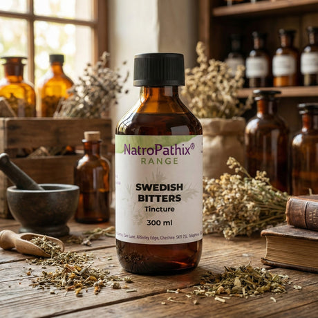 A bottle of Swedish Bitters Tincture (100/200/300ml) sits on a rustic table, surrounded by herbs and glass jars—ideal for supporting digestive health.