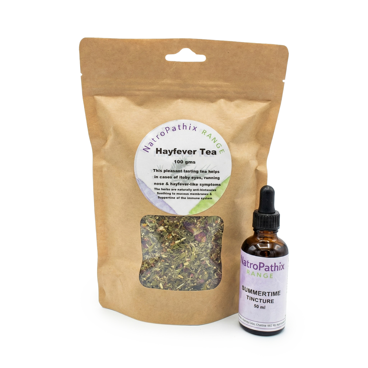 Hayfever Combination: a brown pouch of Hayfever Tea and Summertime Tincture from Natropathix Range, crafted with antihistamine herbs for natural hayfever relief and immune support.