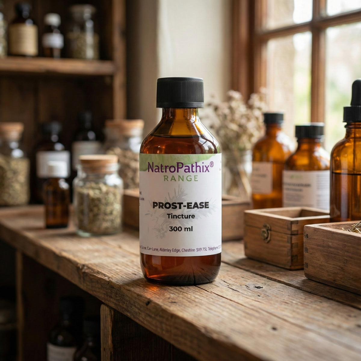 A 300 ml bottle of Prost-Ease Tincture rests on a wooden table amid herbs and amber jars, providing a natural approach to prostate health.