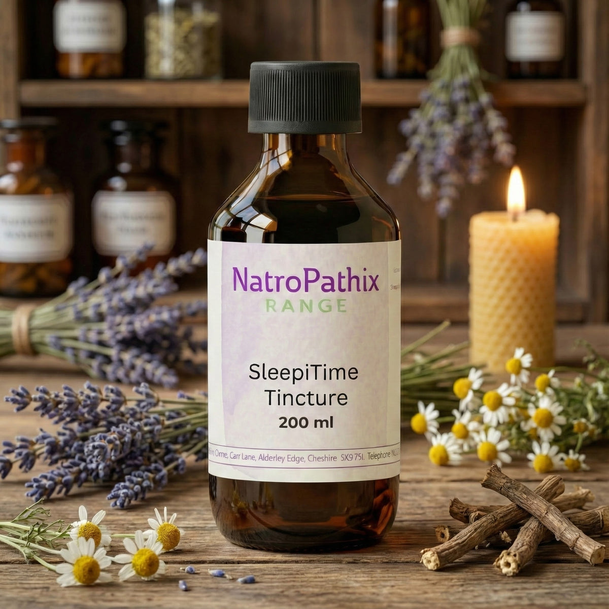 The SleepiTime Tincture, a calming herbal sleep aid, rests on a rustic table surrounded by herbs, flowers, and the gentle glow of a candle.