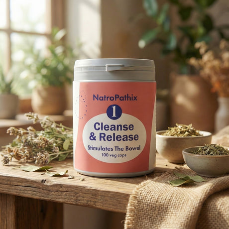 A bottle of Cleanse & Release - 100 caps, an herbal formula for bowel cleanse and bloating relief, is displayed on a rustic wooden table with dried herbs.