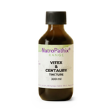 Brown bottle labeled "Vitex and Centaury Tincture - 200/300ml" against a white background, designed to support hormonal balance and ease menopausal symptoms.